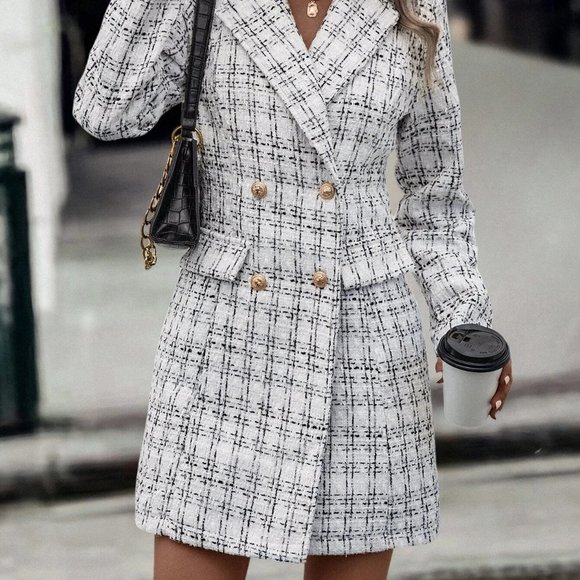 White Preppy Womens Plaid Pattern Double Breasted Tweed Overcoat - Picture 5 of 5